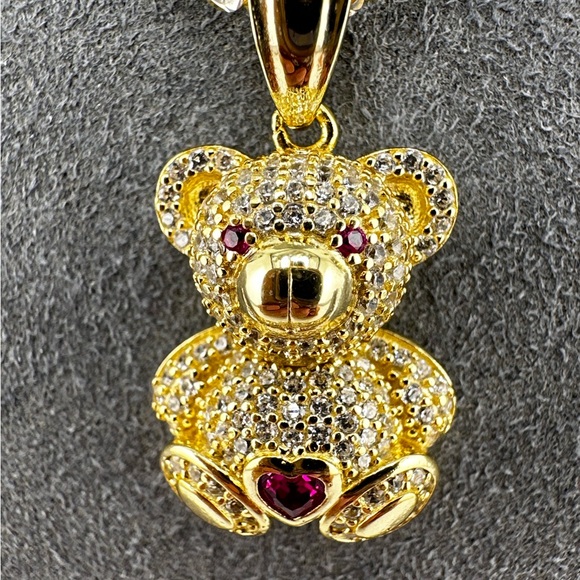 18K Gold Plated over 925 Sterling Silver Teddy Bear With Heart Pendant Necklace - Picture 2 of 9